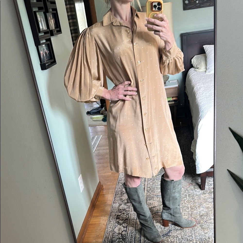 David Hayes Vintage Tan Puff Sleeve Button-Up Dress